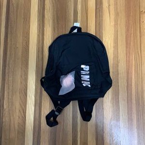 PINK Black Mini Backpack with Pink Fluff Keychain